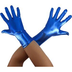 Women's Blue Shiny Metallic Short Length Satin Wrist Gloves Costume Party
